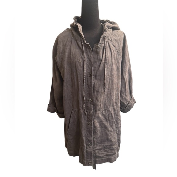 ORGANIC LINEN EILEEN FISHER Women’s SZ L Anorak Jacket Button Pockets Hood Brown - Picture 5 of 17